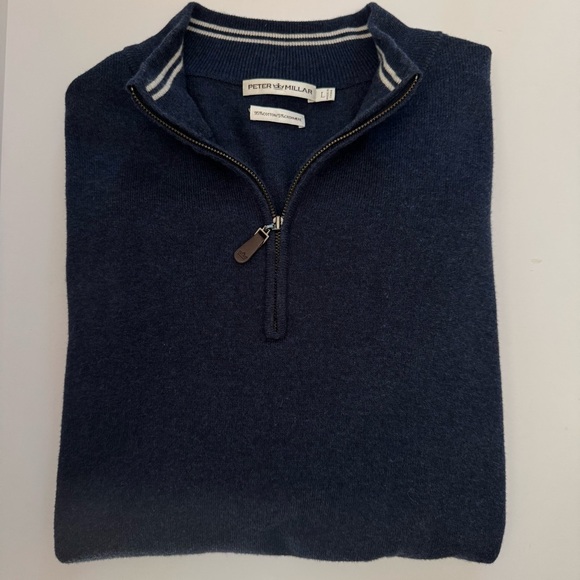 PETER MILLAR Cotton Cashmere Quarter-Zip Navy Sweater Regular Fit Size Large - Picture 12 of 16